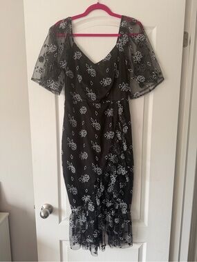 Black Mesh Midi Dress with White Floral Embroidery